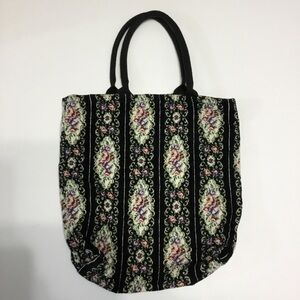 Vintage Homemade Japanese Black Floral Patterned Fabric Tote Bag - 0237